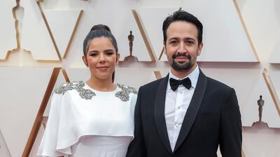 Lin-Manuel Miranda, wearing Armani, and Vanessa Nada arrive at the Oscars on Sunday, February 9, 2020, at the Dolby Theatre in Los Angeles. EPA