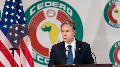 Secretary of State Antony Blinken gives a speech on US Africa Policy at the Economic Community of West African States in Abuja, Nigeria. AP