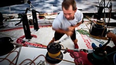 Brad Jackson of Team Puma hard at work as the team battle for the lead during Leg 3 of the Volvo Ocean Race.