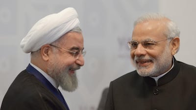 Iranian president Hassan Rouhani and Indian prime minister Narendra Modi met in Ufa, Russia, on July 9, 2015, on the sidelines of a summit of the Brics emerging economies. Ria Novosti / AFP