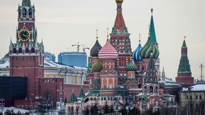 The Kremlin, St Basil's Cathedral and the Zaryadye Park in downtown Moscow on March 13, 2018. Mladen Antonov / AFP
