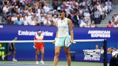 Iga Swiatek celebrates a point against Ons Jabeur during the US Open final. Getty