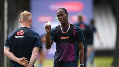 England bowler Jofra Archer chats with Ben Stokes during England nets ahead of the opening match. Stu Forster / Getty Images