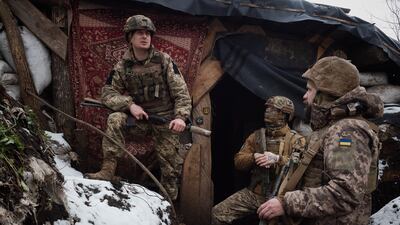 Ukrainian soldiers stationed in Verkhnotoretske, amid concerns about a possible Russian invasion of the country. Getty