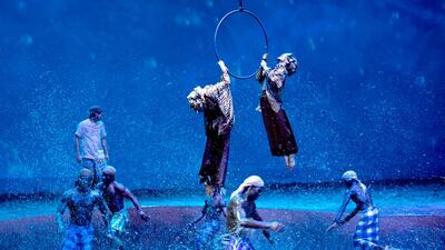 For the finale, the backdrop is mountains, and, amazingly, water suddenly fills the stage. Ryan Carter / Crown Prince Court - Abu Dhabi