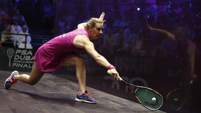 Laura Massaro of England in action against Raneem El Welily of Egypt during the final in the Women's Singles at the Professional Squash Association (PSA) World Series Finals in Dubai, 28 May 2016. EPA/ALI HAIDER