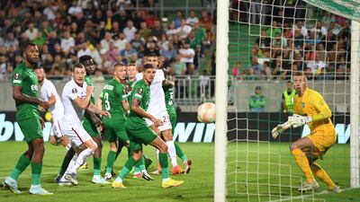 Ludogorets goalkeeper Sergio Padt watches the ball hit the post. EPA