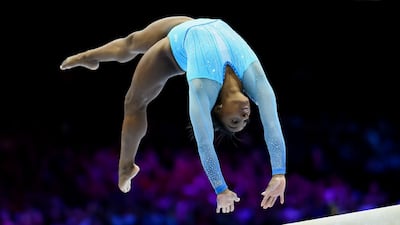 US gymnast Simone Biles competes on the balance beam during the World Gymnastics Championships in Belgium. Getty Images