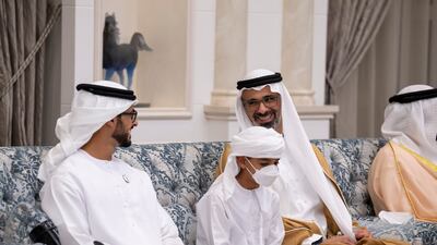 Sheikh Zayed bin Hamdan bin Zayed; Sheikh Mohamed bin Khaled bin Mohamed bin Zayed, and Sheikh Khaled bin Mohamed bin Zayed, Member of Abu Dhabi Executive Council and Chairman of Abu Dhabi Executive Office, attend an Eid Al Adha reception at Mushrif Palace.