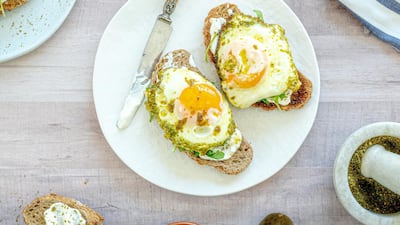 The National's version of pesto eggs with labneh and zaatar. Scott Price