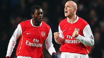 Senderos, right, will soon become an Everton player, following the likes of Emmanuel Adebayor, left, out of Arsenal.