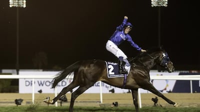 William Buick atop Jack Hobbs celebrates racing to victory in the Dubai Sheema Classic during the Dubai World Cup at Meydan racecourse in Duabi on March 25, 2017. Christopher Pike / The National