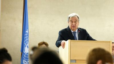 UN Secretary-General Antonio Guterres adresses his statement during the opening of the High-Level Segment of the 40th session of the Human Rights Council, at the European headquarters of the United Nations in Geneva, Switzerland. AP