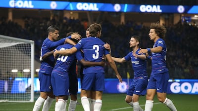 Chelsea players celebrate the opening goal by Pedro against Perth Glory. Getty Images