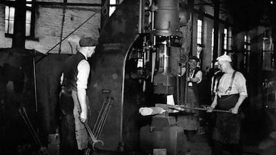Workers smithing with a steam hammer in Derby in 1926. The harnessing of steam is an instance where technology changed the course of history. Getty Images