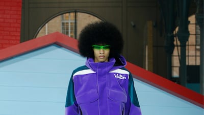 Deliberately blurring gender lines, Abloh created a long velvet skirt, worn with a skiing jacket. Photo: Louis Vuitton