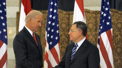 US Vice President Joe Biden shakes hands with Lebanese Prime Minister Fuad Siniora during a meeting at the governmental palace in Beirut on May 22, 2009. AFP