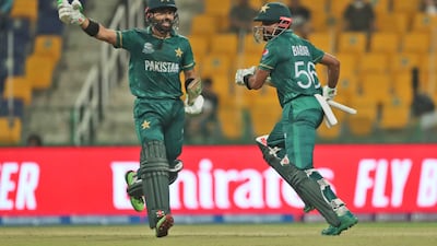 Pakistan's captain Babar Azam, right, and Mohammad Rizwan added 113 for the first wicket in Abu Dhabi against Namibia. AP