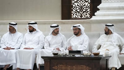 From left: Sheikh Saeed bin Zayed Al Nahyan, Sheikh Ahmed bin Mohamed bin Rashed Al Maktoum, Sheikh Hamdan bin Mohammed, Sheikh Hamdan bin Zayed and Sheikh Tahnoon bin Mohamed, Ruler's Representative in Al Ain Region, attend an iftar reception at Al Bateen Palace.
