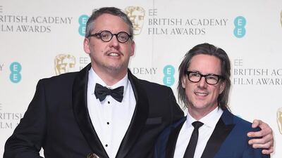 Adam McKay and Charles Randolph winners of Best Adapted Screenplay for The Big Short pose in the winners room. Ian Gavan / Getty Images