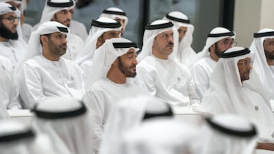 Sheikh Mohammed bin Zayed, Crown Prince of Abu Dhabi and Deputy Supreme Commander of the UAE Armed Forces (centre), attends a lecture by Angela Duckworth (not shown), titled ‘True Grit: The Surprising, and Inspiring Science of Success’, at Majlis Mohamed bin Zayed. He is seen with Sheikh Fahim bin Sultan Al Qasimi (right). Mohamed Al Hammadi / Crown Prince Court - Abu Dhabi