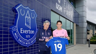 Everton manager Carlo Ancelotti with new signing James Rodriguez after his unveiling. Getty
