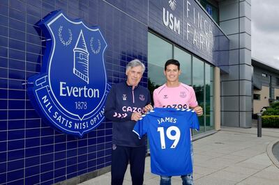 James Rodruiguez with then manager Carlo Ancelotti after joining Everton in September 2020. Getty