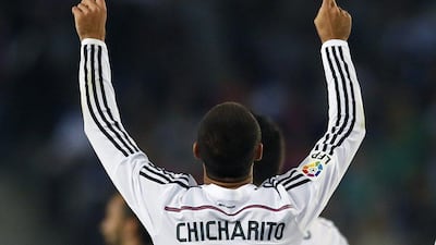 Real Madrid's Javier Hernandez celebrates a goal against Cornella during their Copa del Rey fourth-round first-leg 4-1 win on Wednesday night in Cornella-El Prat. Albert Gea / Reuters / October 29, 2014