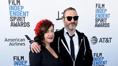 Lynne Ramsay and Joaquin Phoenix arrive at the 34th Film Independent Spirit Awards on Saturday, February 23, 2019. AP