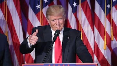 Republican president-elect Donald Trump gives a thumbs up to the crowd during his acceptance speech at his election night event at the New York. Mark Wilson / Getty Images