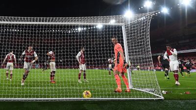 Arsenal players react after Pierre-Emerick Aubameyang scores an own goal, the only game of the game in the defeat against Burnley. AP