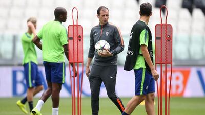 Juventus manager Massimiliano Allegri conducts a training session for his team on Monday ahead of the Champions League final against Barcelona. Marco Bertorello / AFP