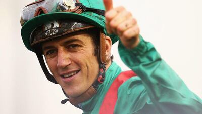 Christophe Soumillon celebrates after riding Vazirabad to victory in the Dubai Gold Cup. Francois Nel / Getty Images
