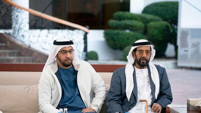Sheikh Hamdan bin Zayed, Ruler’s Representative in Al Dhafra Region, left and Sheikh Tahnoon bin Mohamed Al Nahyan, Ruler's Representative in Al Ain Region, attend a Sea Palace barza.