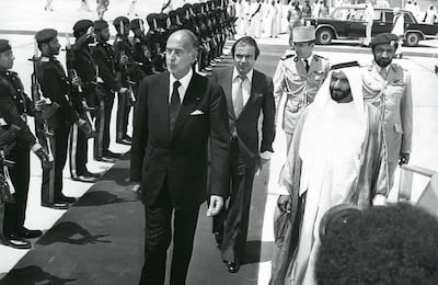 French President Valery Giscard d'Estaing visiting Abu Dhabi, where he was greeted by UAE Founding Father Sheikh Zayed bin Sultan Al Nahyan, in 1980. Courtesy: Sheikh Mohamed bin Zayed Twitter