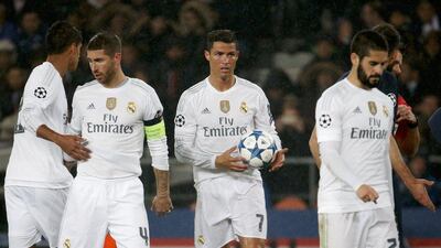 Real Madrid's Sergio Ramos, second left, and Cristiano Ronaldo, second right, shown during the team's 0-0 draw with Paris Saint-Germain in the Champions League on Wednesday. Charles Platiau / Reuters / October 21, 2015