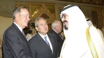 King Abdullah receiving former US president George Bush in Riyadh in August 2005. SPA / AFP Photo
