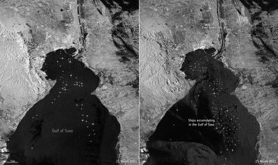 Satellite images shows the Gulf of Suez on March 21, left, and the same area with a build-up of waiting ships on March 25. ESA via Reuters.