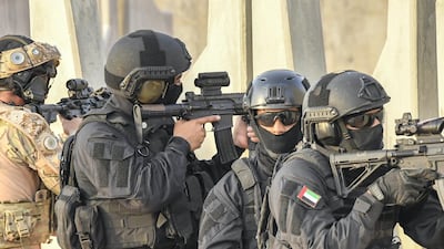 Soldiers from the UAE Armed Forces and the Jordanian Armed Forces participate in the joint military drill.