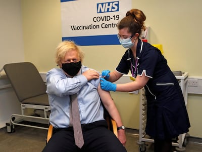 British Prime Minister Boris Johnson receives his first dose of the AstraZeneca Covid-19 vaccine in London. Johnson was on Friday trying to ensure that shipments from the Pfizer facilities near Brussels to the UK continue. AFP