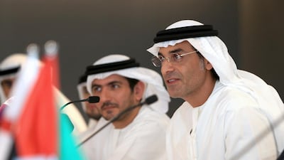 Khadem Al Qubaisi, the chairman of Arabtec Holding, right, with board member Mohamed Al Fahim during the press conference yesterday. Ravindranath K / The National