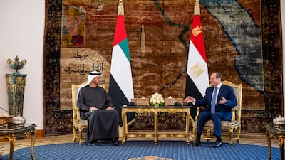 Sheikh Mohamed with Mr El Sisi in Al Ittihadiya Palace in Heliopolis, Cairo. Mohamed Al Hammadi / UAE Presidential Court