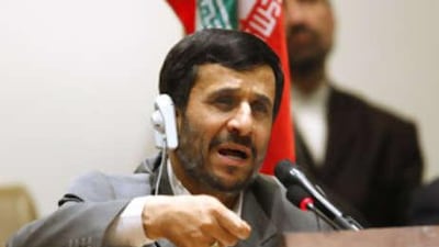 Iran's President Mahmoud Ahmadinejad answers questions at a news conference during the 63rd United Nations General Assembly at the UN headquarters in New York, Sept 23 2008.
