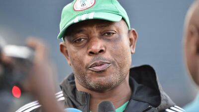 Nigeria coach Stephen Keshi speaks to the press during his team's training session on Monday ahead of the 2014 World Cup. Nicholas Kamm / AFP / June 2, 2014