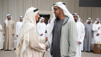 Sheikh Humaid bin Rashid Al Nuaimi, Ruler of Ajman, offers condolences to President Sheikh Mohamed, on the passing of Sheikha Maryam Al Falasi, at Mushrif Palace. All photos: UAE Presidential Court