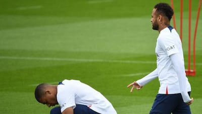Neymar and Kylian Mbappe take part in PSG's training session. Getty