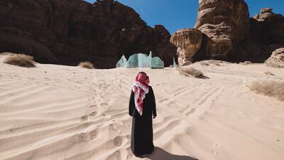 Saudi artist Sarah Brahim and French artist Ugo Schiavi are presenting a minimalist glass temple installation at Wadi AlNaam. Photo: The Royal Commission for AlUla