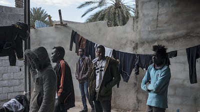 Refugees mostly from Darfur, Sudan are gathered in the courtyard of the place where they live in Gorgi district, south of Tripoli. Migrants and refugees are often living in dire conditions, in dilapidated buildings or small unfinished houses deprived of basic services.