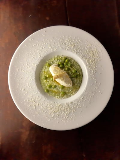 Kattan mixes Palestinian produce with French cooking techniques, such as in this pea cream with laban. Courtesy Fadi Kattan.