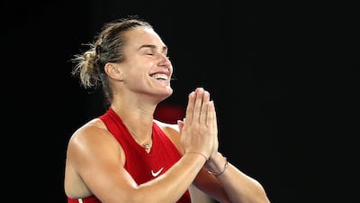 Belarusian second seed Sabalenka celebrates her win. AFP